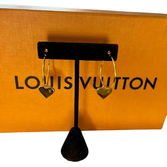 Upcycled Gold LV Louis Vuitton Stamped Charm Hoop Earrings - Picture 5 of 13